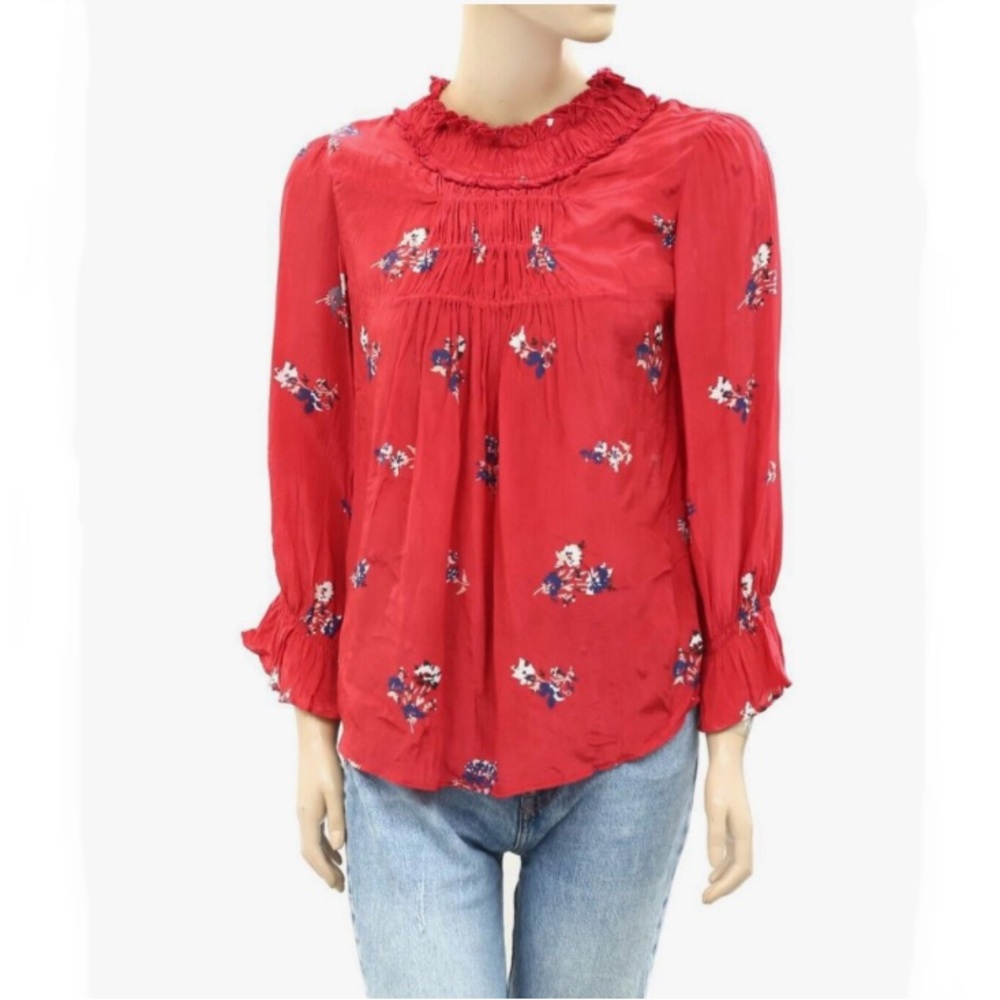 Designer BA&SH Cuny Ruffled Smock-Neck Blouse Red Floral Sz 0‎